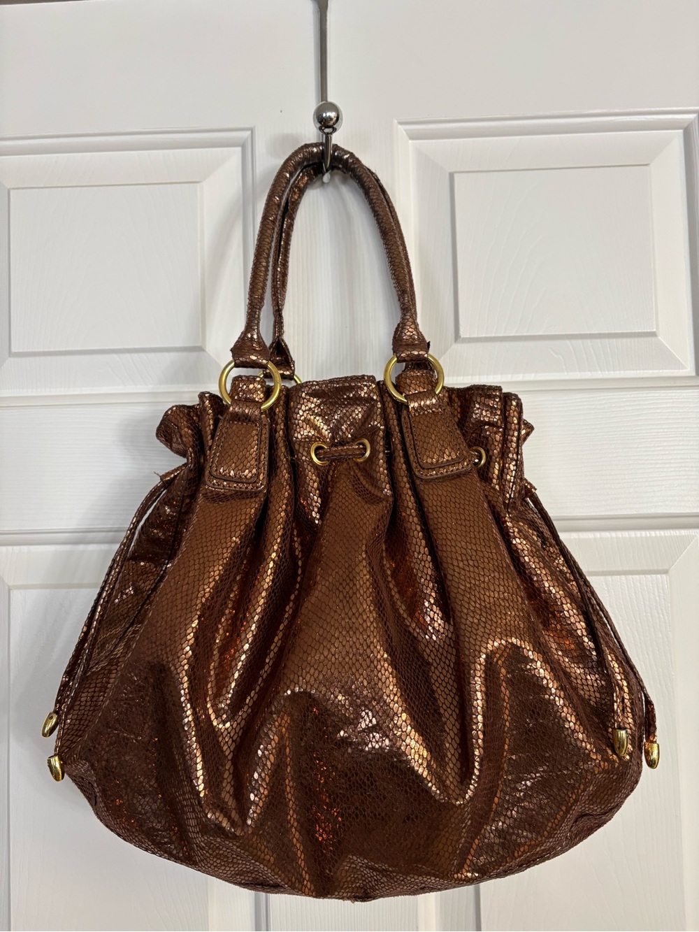 Big Buddha Metallic Bronze Snakeskin-Embossed Drawstring Bag